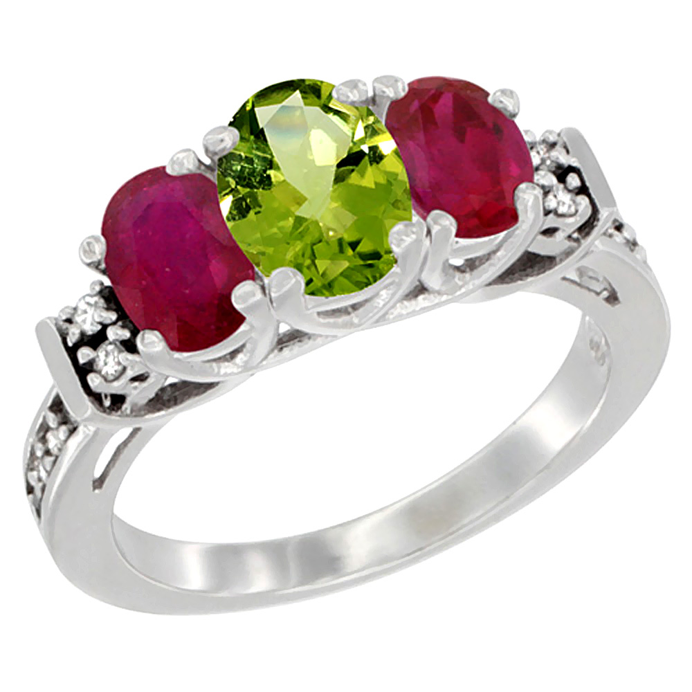 10K White Gold Natural Peridot &amp; Enhanced Ruby Ring 3-Stone Oval Diamond Accent, sizes 5-10
