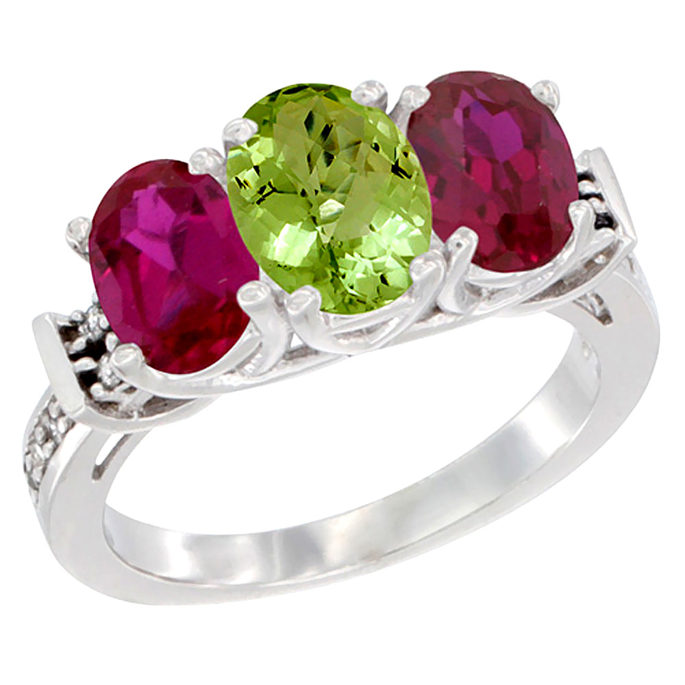 10K White Gold Natural Peridot & Enhanced Ruby Sides Ring 3-Stone Oval Diamond Accent, sizes 5 - 10