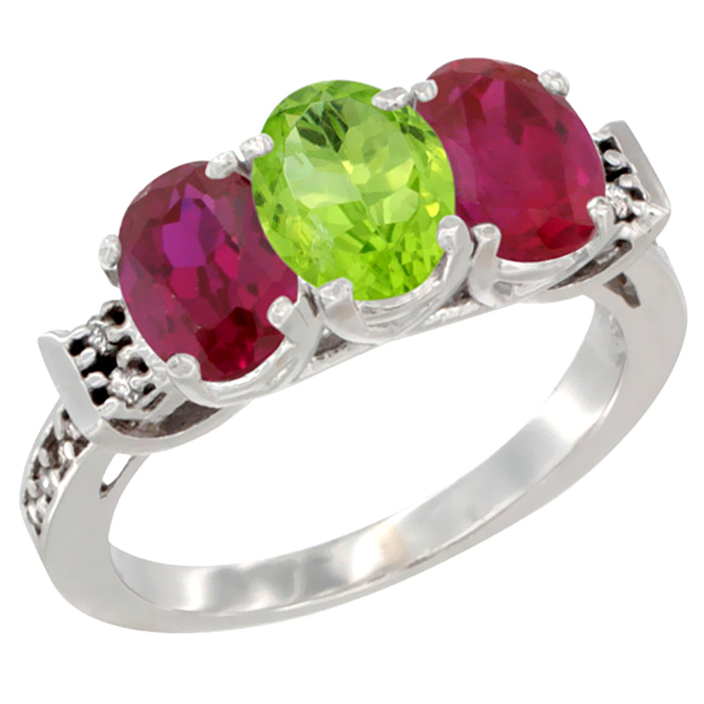 14K White Gold Natural Peridot & Enhanced Ruby Sides Ring 3-Stone Oval 7x5 mm Diamond Accent, sizes 5 - 10