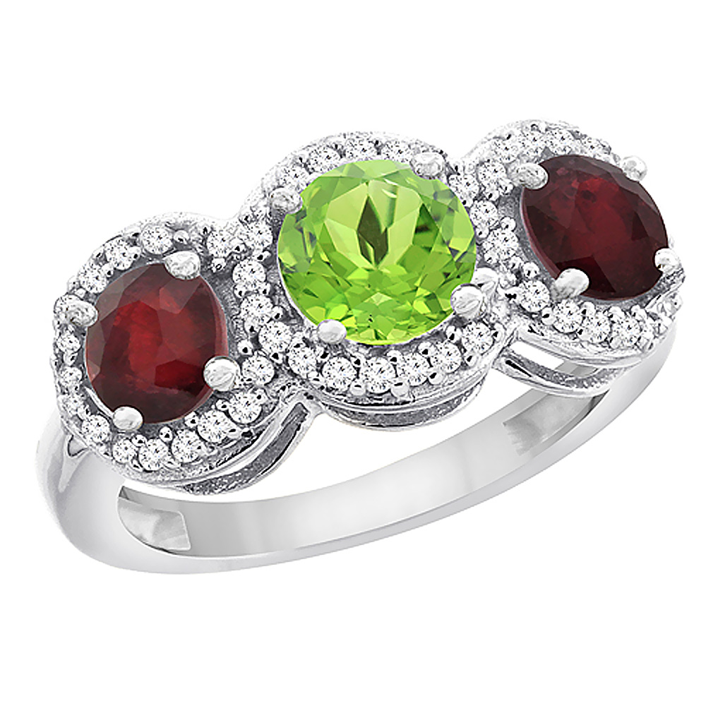 14K White Gold Natural Peridot &amp; Enhanced Ruby Sides Round 3-stone Ring Diamond Accents, sizes 5 - 10