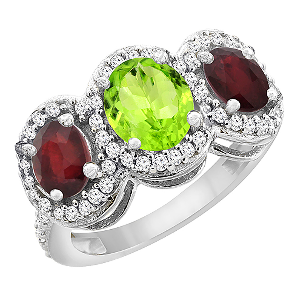 14K White Gold Natural Peridot &amp; Enhanced Ruby 3-Stone Ring Oval Diamond Accent, sizes 5 - 10