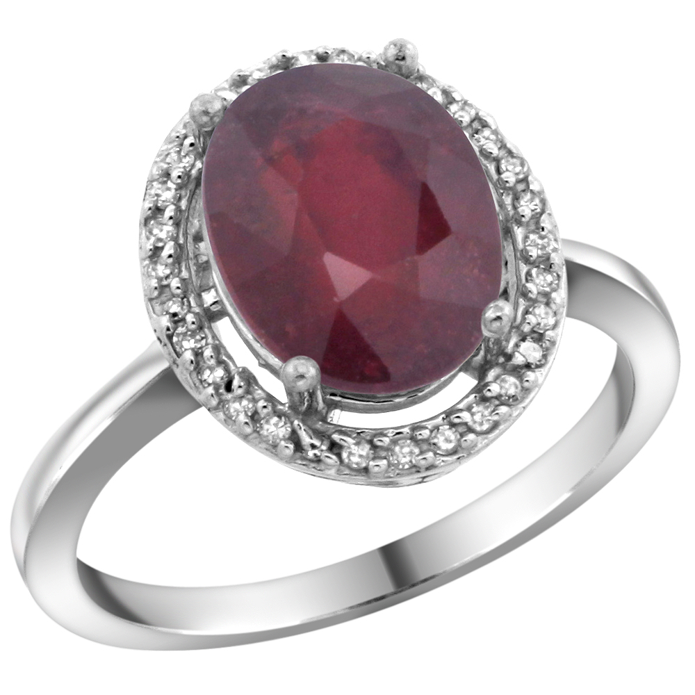 10K White Gold Diamond Enhanced Genuine Ruby Engagement Ring Oval 10x8mm, sizes 5-10
