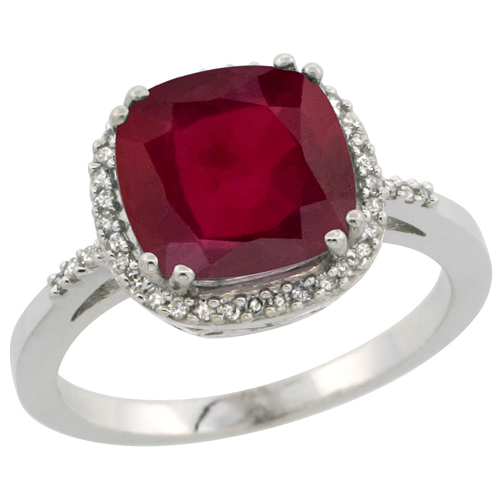 10K White Gold Diamond and Enhanced Genuine Ruby Ring Cushion-cut 9x9mm, sizes 5-10