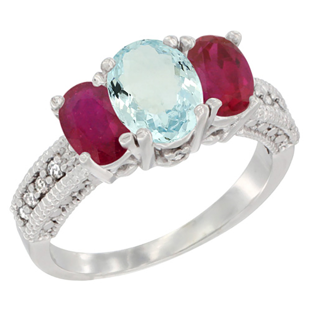 14K White Gold Diamond Natural Aquamarine Ring Oval 3-stone with Enhanced Ruby, sizes 5 - 10