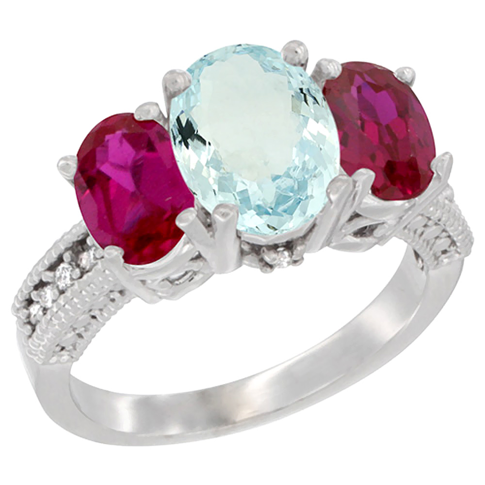 14K White Gold Diamond Natural Aquamarine Ring 3-Stone Oval 8x6mm with Ruby, sizes5-10