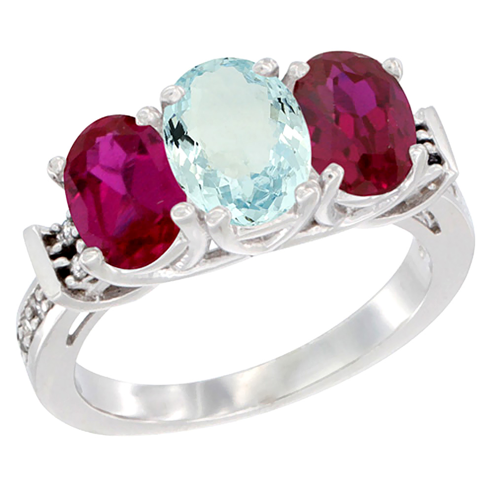 14K White Gold Natural Aquamarine & Enhanced Ruby Sides Ring 3-Stone Oval Diamond Accent, sizes 5 - 10