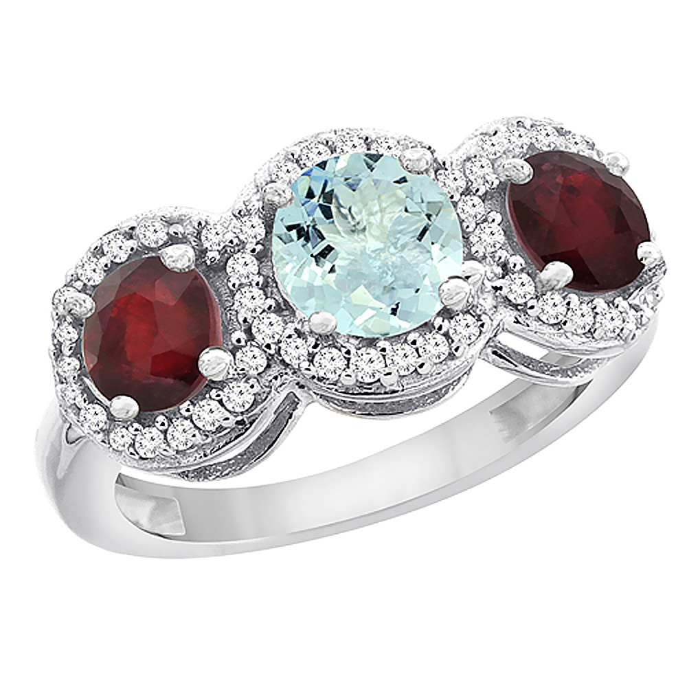 14K White Gold Natural Aquamarine &amp; Enhanced Ruby Sides Round 3-stone Ring Diamond Accents, sizes 5 - 10