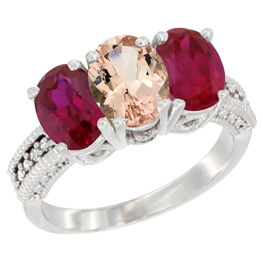 14K White Gold Natural Morganite &amp; Enhanced Ruby Sides Ring 3-Stone Oval 7x5 mm Diamond Accent, sizes 5 - 10