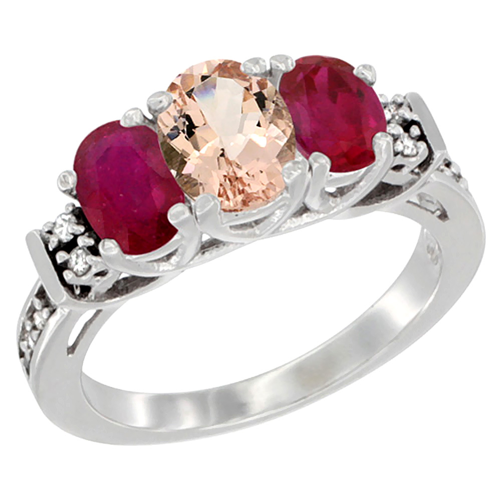 10K White Gold Natural Morganite & Enhanced Ruby Ring 3-Stone Oval Diamond Accent, sizes 5-10