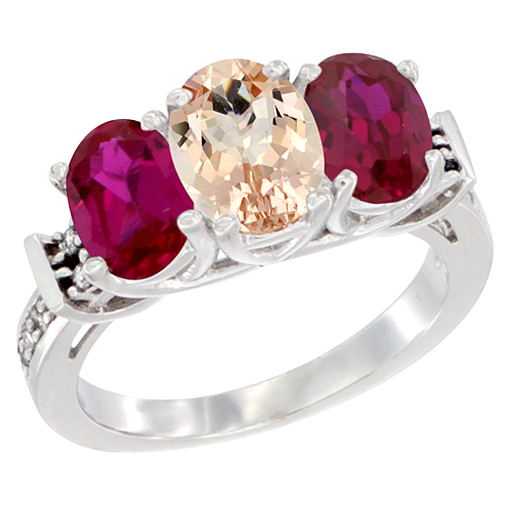 10K White Gold Natural Morganite &amp; Enhanced Ruby Sides Ring 3-Stone Oval Diamond Accent, sizes 5 - 10