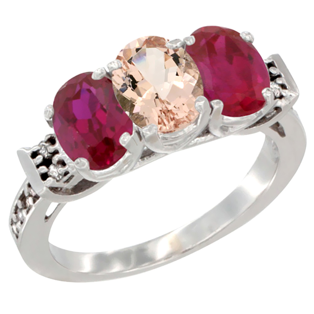 10K White Gold Natural Morganite &amp; Enhanced Ruby Sides Ring 3-Stone Oval 7x5 mm Diamond Accent, sizes 5 - 10
