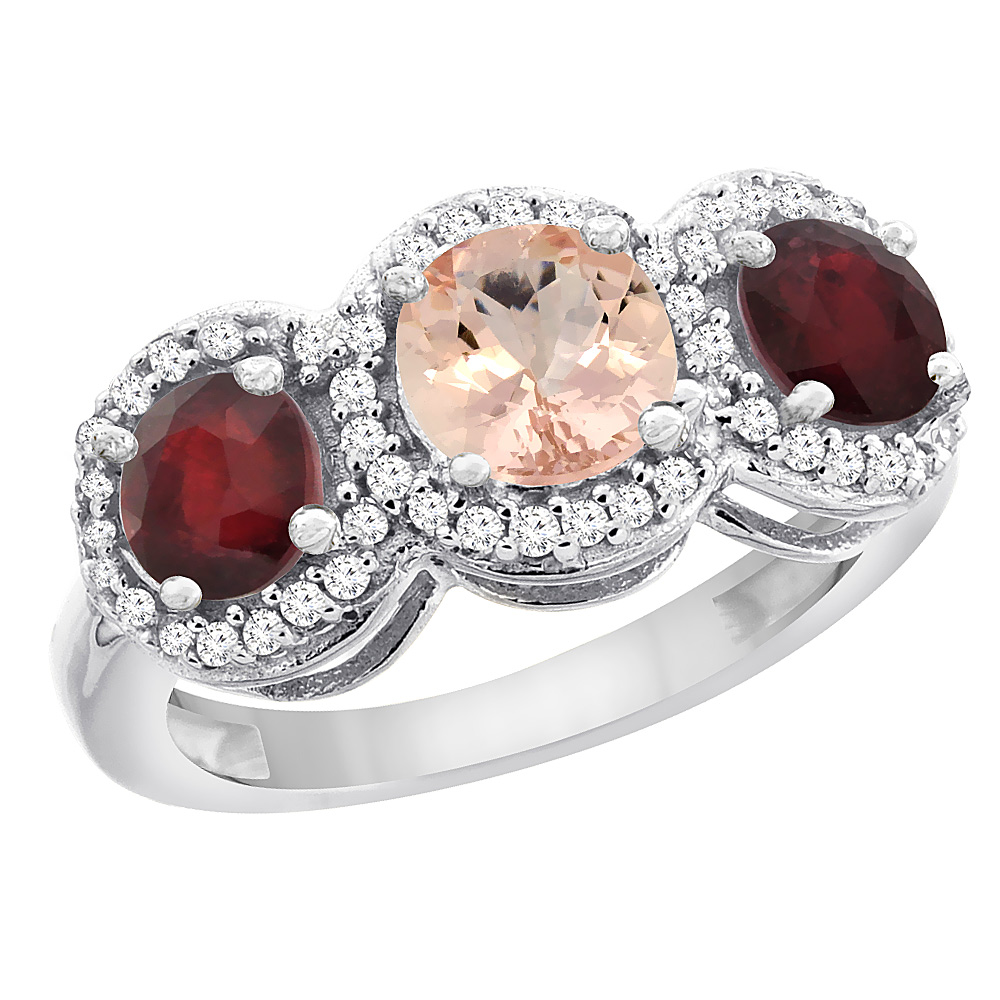14K White Gold Natural Morganite & Enhanced Ruby Sides Round 3-stone Ring Diamond Accents, sizes 5 - 10