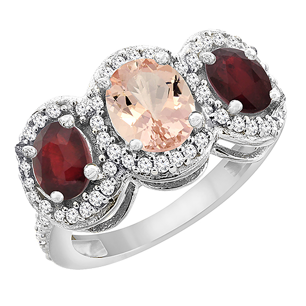 10K White Gold Natural Morganite &amp; Enhanced Ruby 3-Stone Ring Oval Diamond Accent, sizes 5 - 10