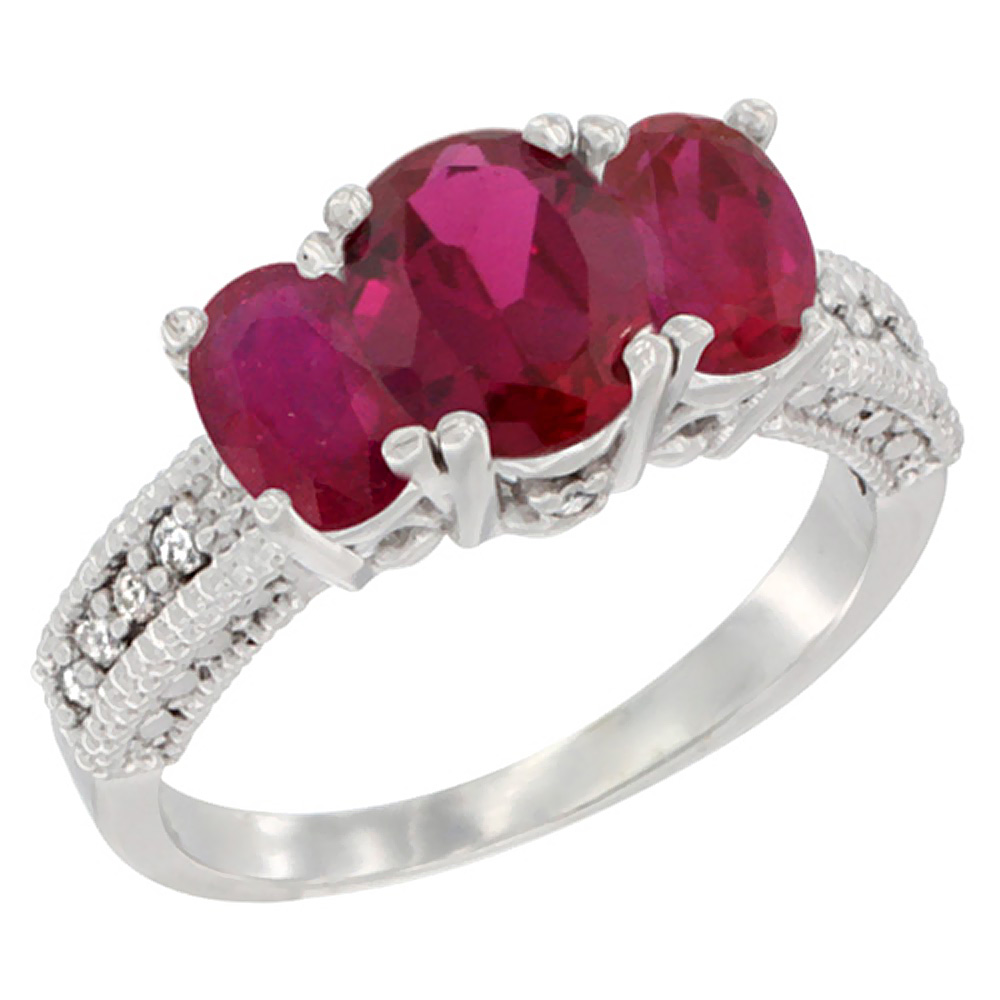 10K White Gold Diamond Enhanced Ruby Oval 3-stone Ring, sizes 5 - 10