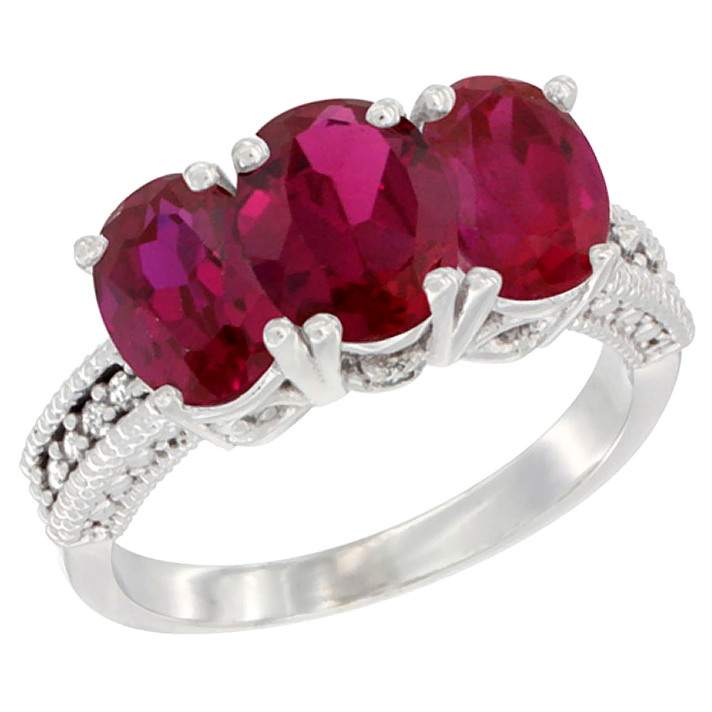14K White Gold Natural Enhanced Ruby Ring 3-Stone Oval 7x5 mm Diamond Accent, sizes 5 - 10