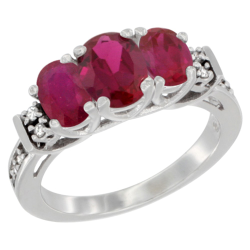 14K White Gold Natural Quality Ruby 3-stone Mothers Ring Oval Diamond Accent, size 5-10
