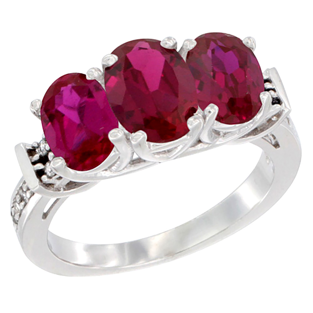 14K White Gold Natural High Quality Ruby & Enhanced Ruby Sides Ring 3-Stone Oval Diamond Accent, sizes 5 - 10