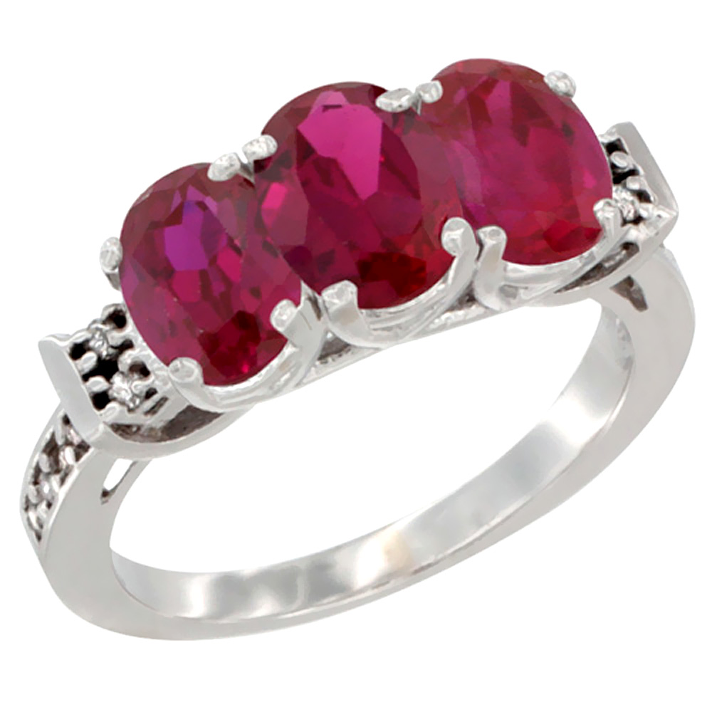 14K White Gold Enhanced Ruby Ring 3-Stone Oval 7x5 mm Diamond Accent, sizes 5 - 10