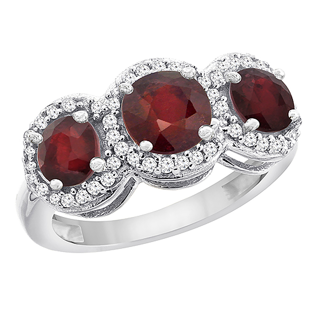 10K White Gold Enhanced Ruby Round 3-stone Ring Diamond Accents, sizes 5 - 10
