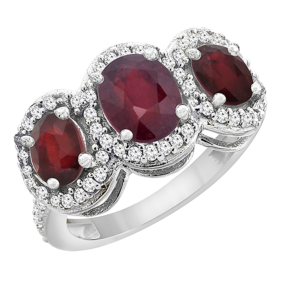 14K White Gold Enhanced Ruby 3-Stone Ring Oval Diamond Accent, sizes 5 - 10