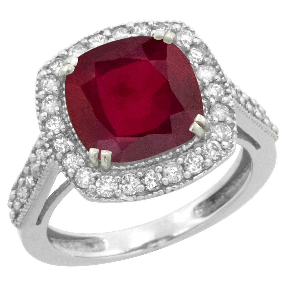 10k White Gold Diamond and Enhanced Genuine Ruby Ring Cushion-cut 9x9mm, sizes 5-10