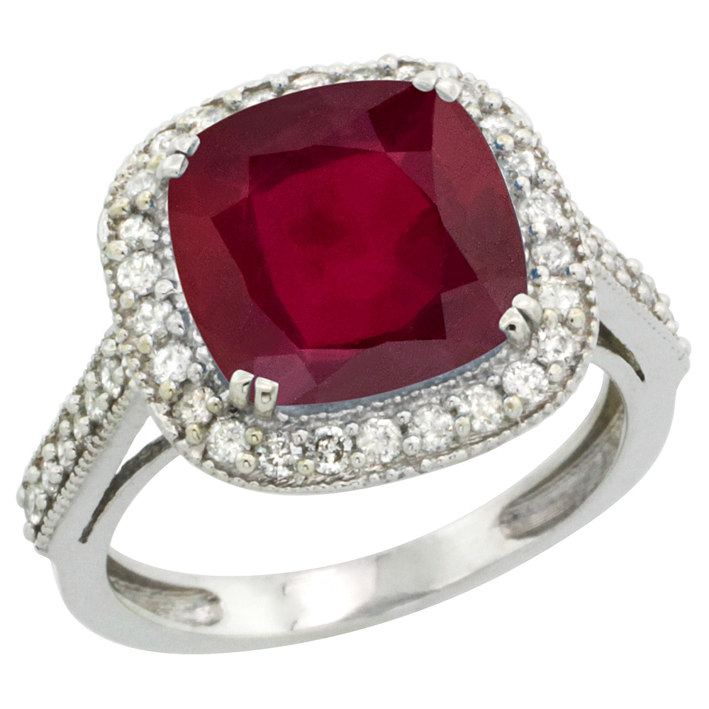 14K White Gold Diamond and Enhanced Genuine Ruby Ring Cushion-cut 10x10mm, sizes 5-10