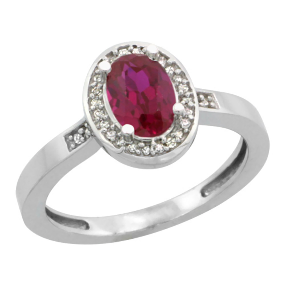 10k White Gold Oval High Quality African Ruby Ring 5x7 mm 1 ct Diamond Halo 1/2 inch wide, sizes 5-10