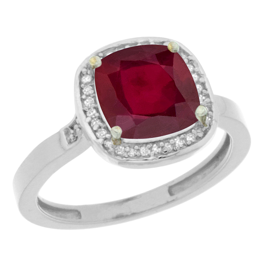 14K White Gold Diamond and Enhanced Genuine Ruby Ring Cushion-cut 8x8mm, sizes 5-10