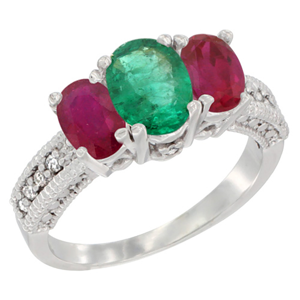 14K White Gold Diamond Natural Emerald Ring Oval 3-stone with Enhanced Ruby, sizes 5 - 10