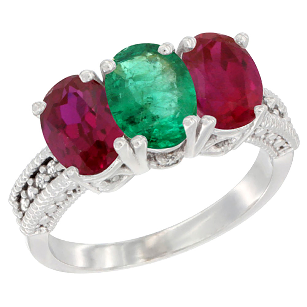 10K White Gold Natural Emerald &amp; Enhanced Ruby Sides Ring 3-Stone Oval 7x5 mm Diamond Accent, sizes 5 - 10