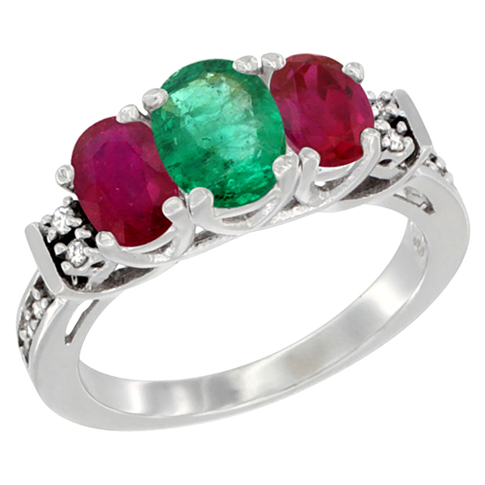 14K White Gold Natural Emerald &amp; Enhanced Ruby Ring 3-Stone Oval Diamond Accent, sizes 5-10