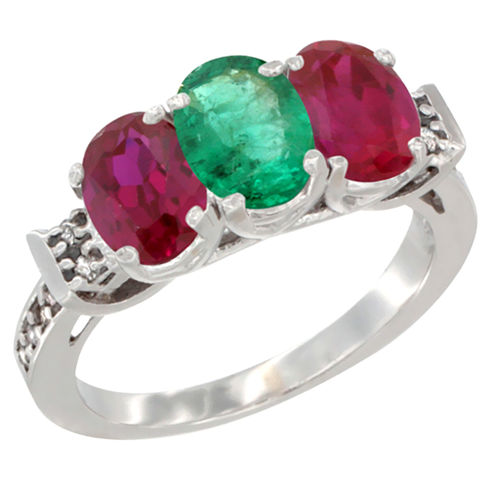 10K White Gold Natural Emerald & Enhanced Ruby Sides Ring 3-Stone Oval 7x5 mm Diamond Accent, sizes 5 - 10