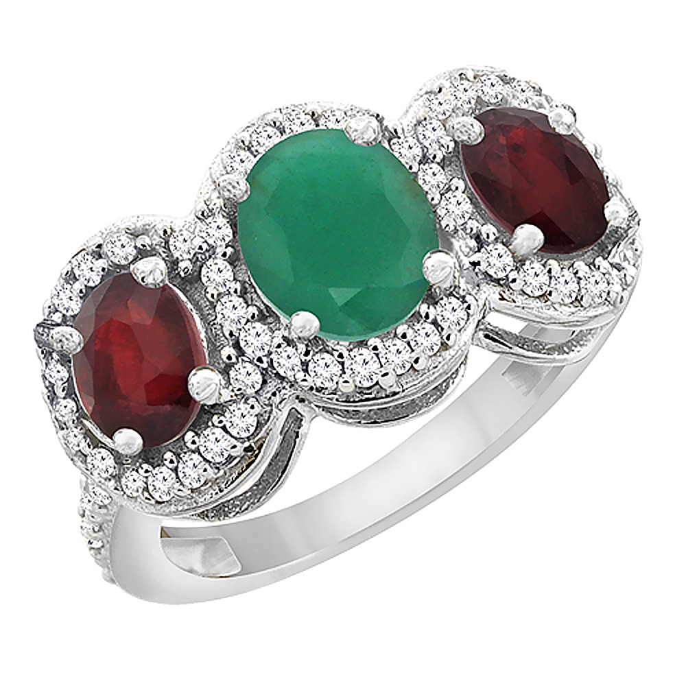 14K White Gold Natural Cabochon Emerald & Enhanced Ruby 3-Stone Ring Oval Diamond Accent, sizes 5 - 10