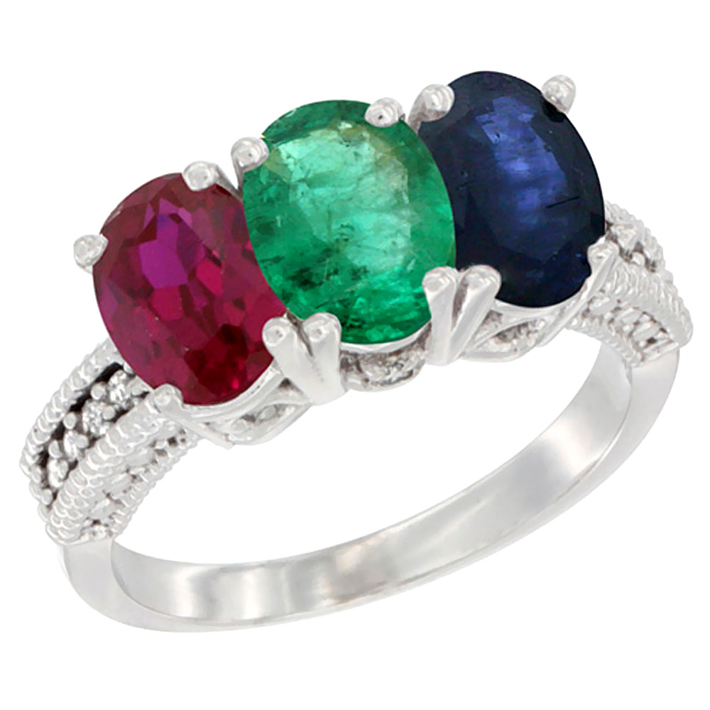 10K White Gold Enhanced Ruby, Natural Emerald & Blue Sapphire Ring 3-Stone Oval 7x5 mm Diamond Accent, sizes 5 - 10