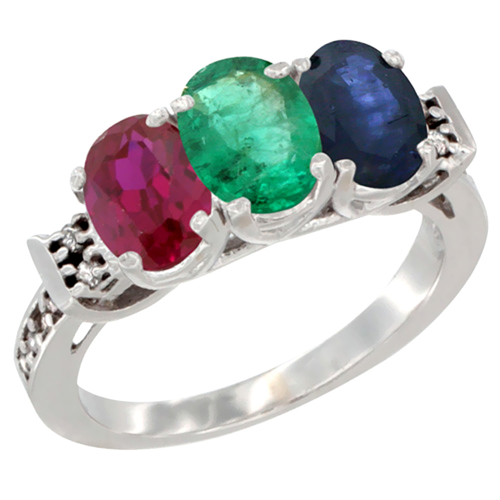 14K White Gold Enhanced Ruby, Natural Emerald & Blue Sapphire Ring 3-Stone Oval 7x5 mm Diamond Accent, sizes 5 - 10