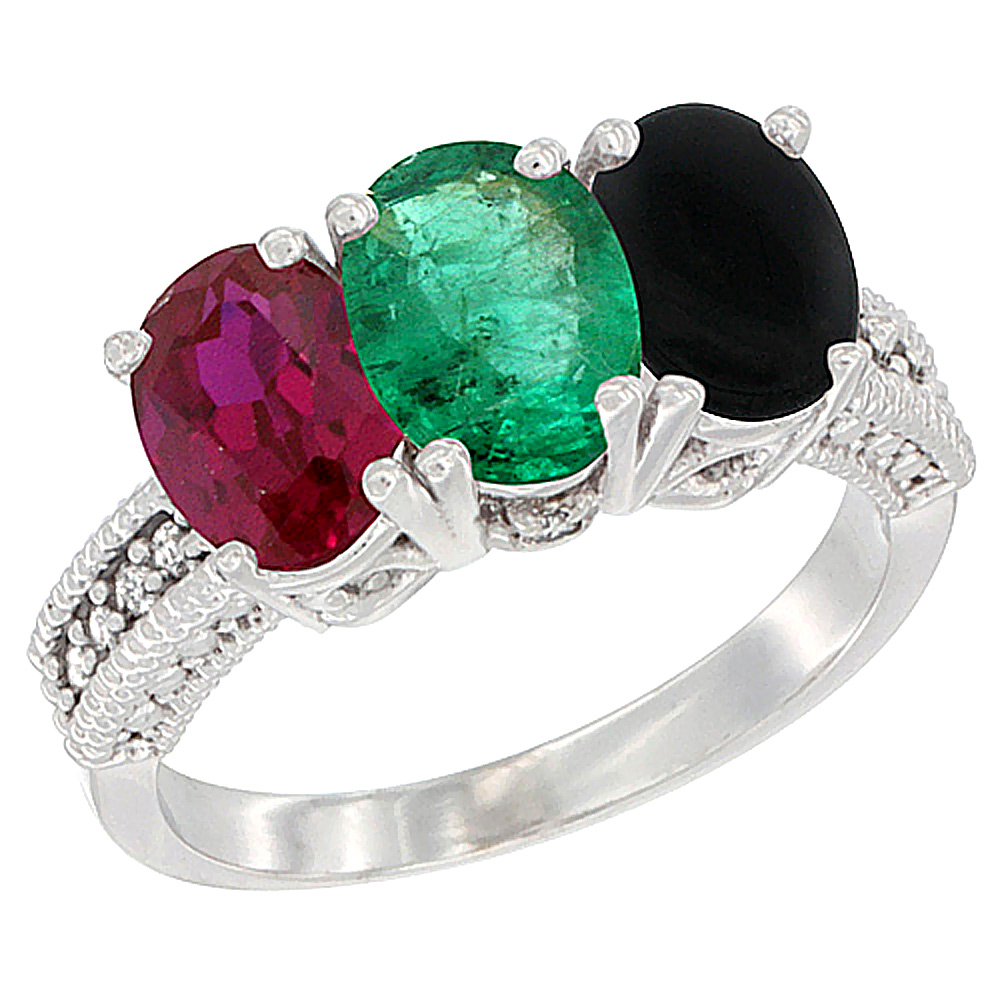 14K White Gold Enhanced Enhanced Ruby, Natural Emerald &amp; Black Onyx Ring 3-Stone Oval 7x5 mm Diamond Accent, sizes 5 - 10