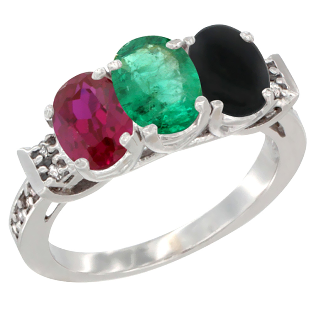 14K White Gold Enhanced Ruby, Natural Emerald &amp; Black Onyx Ring 3-Stone Oval 7x5 mm Diamond Accent, sizes 5 - 10