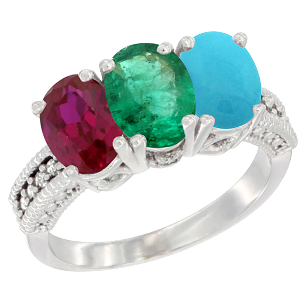 14K White Gold Enhanced Enhanced Ruby, Natural Emerald & Turquoise Ring 3-Stone Oval 7x5 mm Diamond Accent, sizes 5 - 10