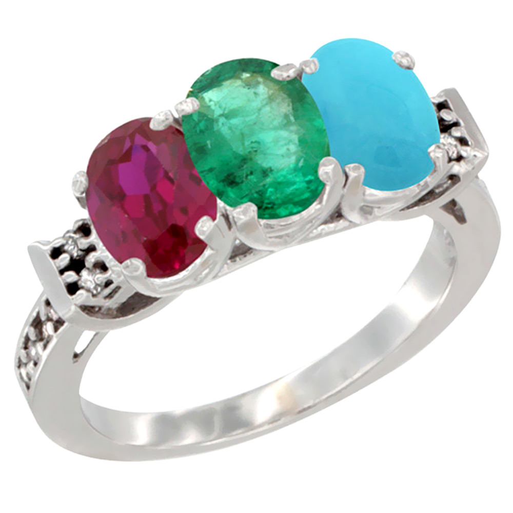 10K White Gold Enhanced Ruby, Natural Emerald & Turquoise Ring 3-Stone Oval 7x5 mm Diamond Accent, sizes 5 - 10