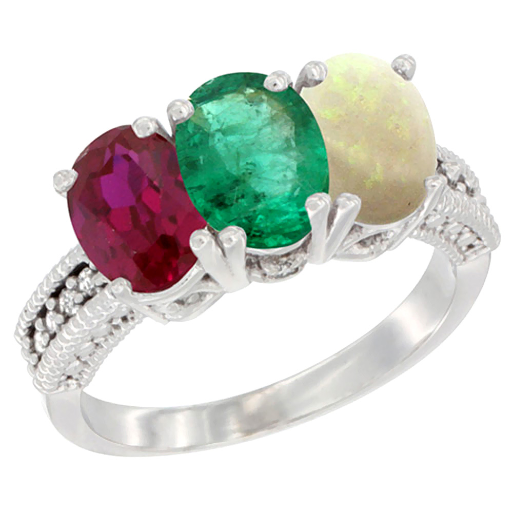 14K White Gold Enhanced Enhanced Ruby, Natural Emerald & Opal Ring 3-Stone Oval 7x5 mm Diamond Accent, sizes 5 - 10