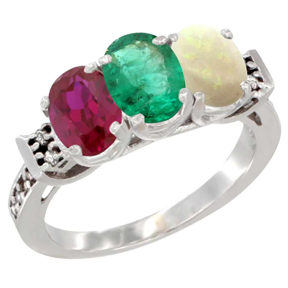 14K White Gold Enhanced Ruby, Natural Emerald & Opal Ring 3-Stone Oval 7x5 mm Diamond Accent, sizes 5 - 10