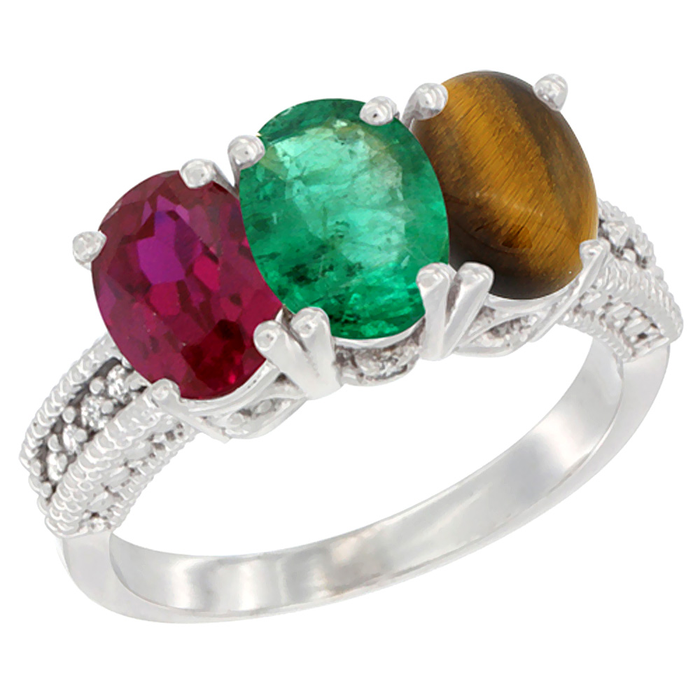 14K White Gold Enhanced Enhanced Ruby, Natural Emerald & Tiger Eye Ring 3-Stone Oval 7x5 mm Diamond Accent, sizes 5 - 10