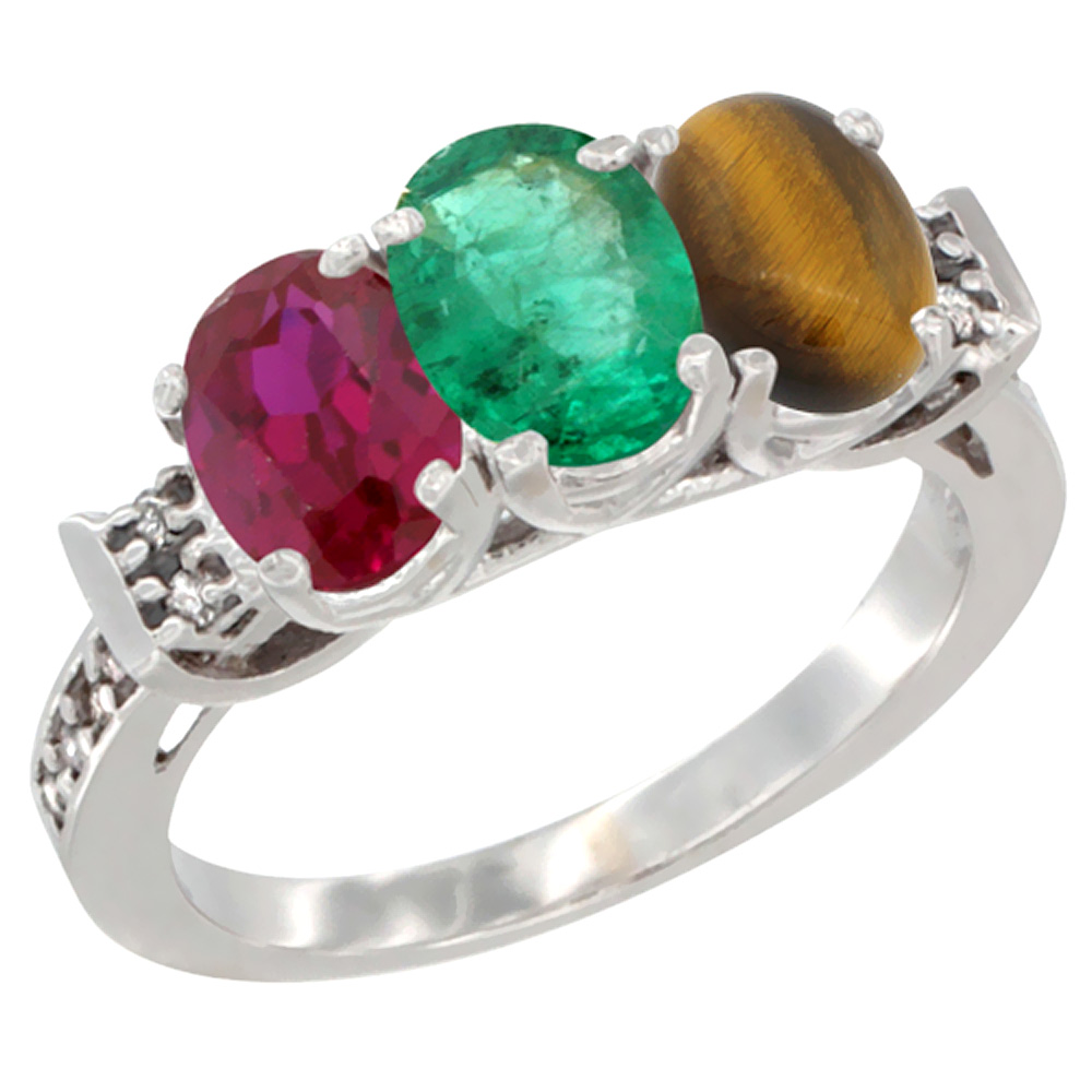 10K White Gold Enhanced Ruby, Natural Emerald &amp; Tiger Eye Ring 3-Stone Oval 7x5 mm Diamond Accent, sizes 5 - 10