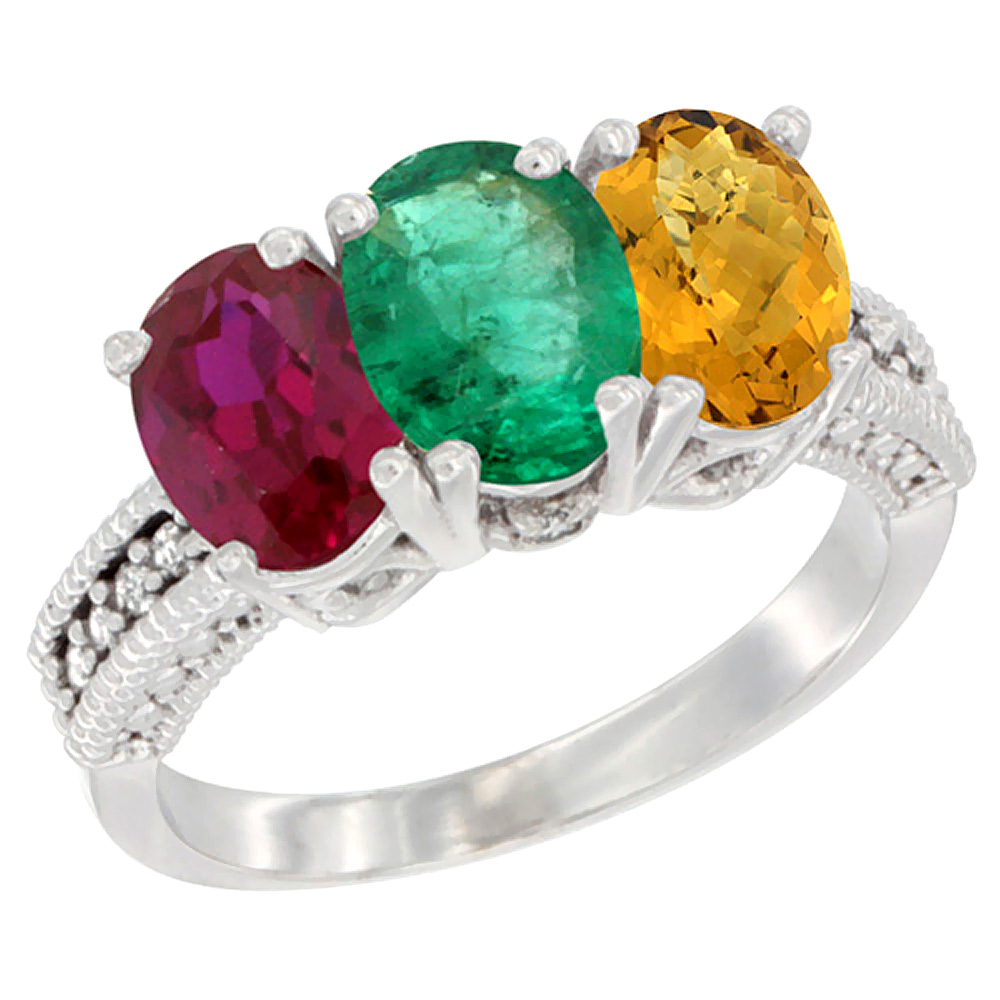 10K White Gold Enhanced Ruby, Natural Emerald &amp; Whisky Quartz Ring 3-Stone Oval 7x5 mm Diamond Accent, sizes 5 - 10