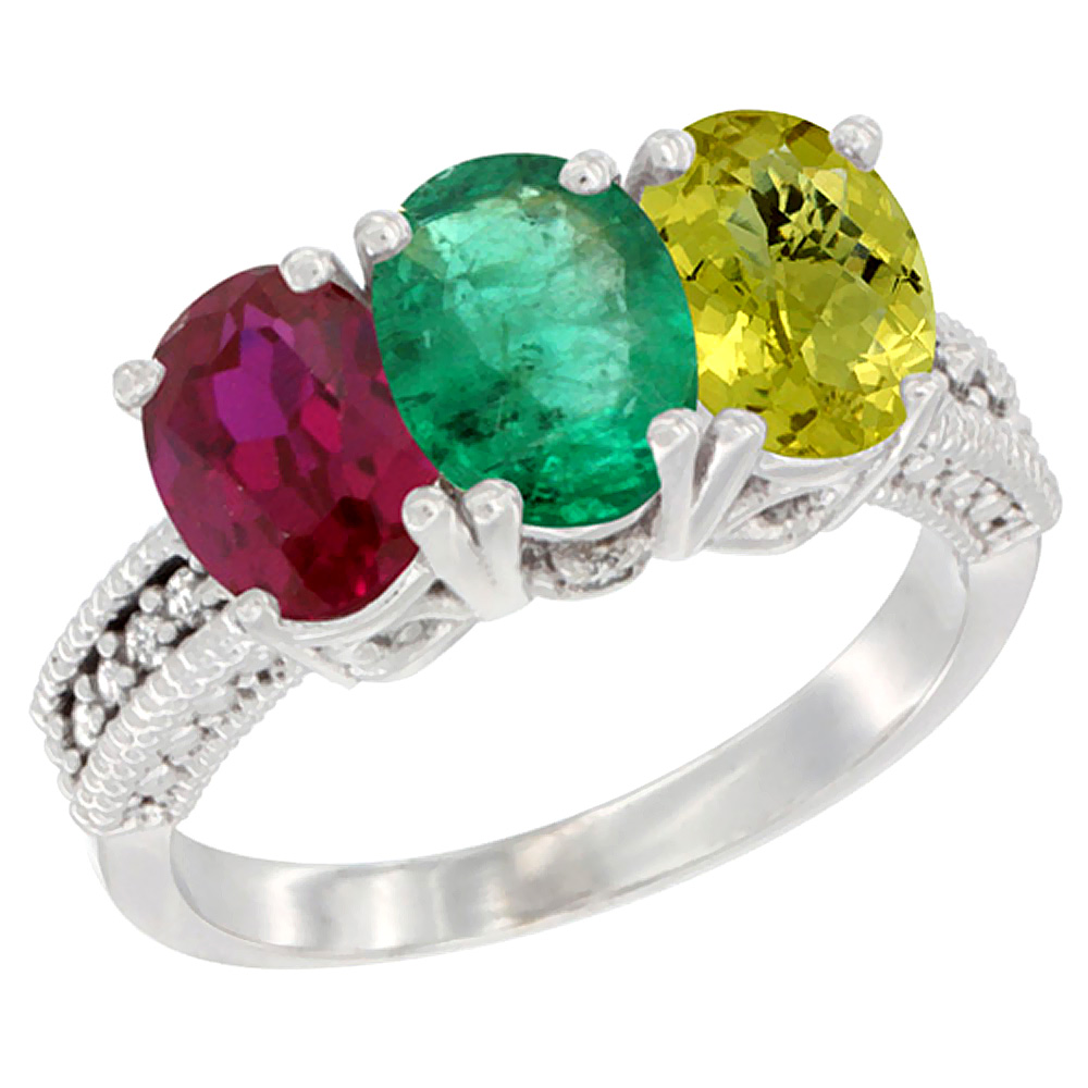 14K White Gold Enhanced Enhanced Ruby, Natural Emerald &amp; Lemon Quartz Ring 3-Stone Oval 7x5 mm Diamond Accent, sizes 5 - 10