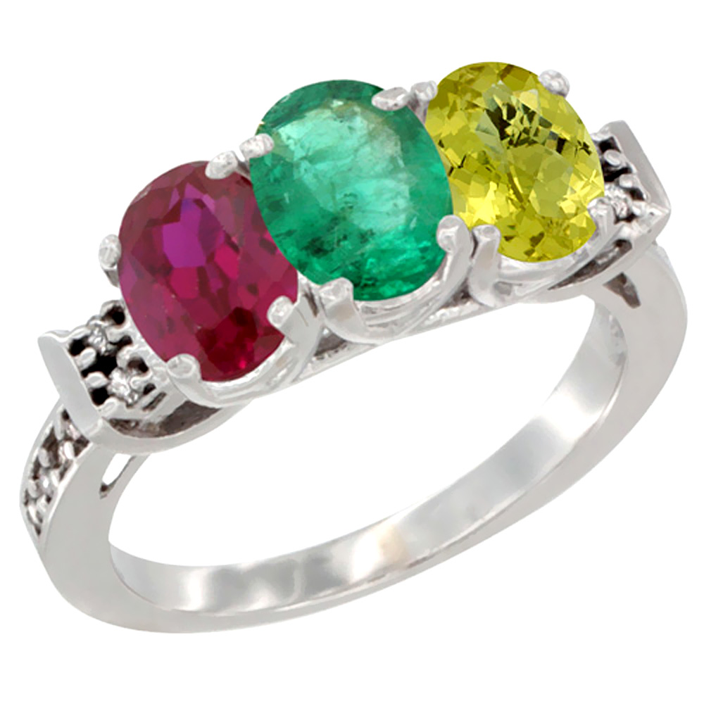 10K White Gold Enhanced Ruby, Natural Emerald & Lemon Quartz Ring 3-Stone Oval 7x5 mm Diamond Accent, sizes 5 - 10