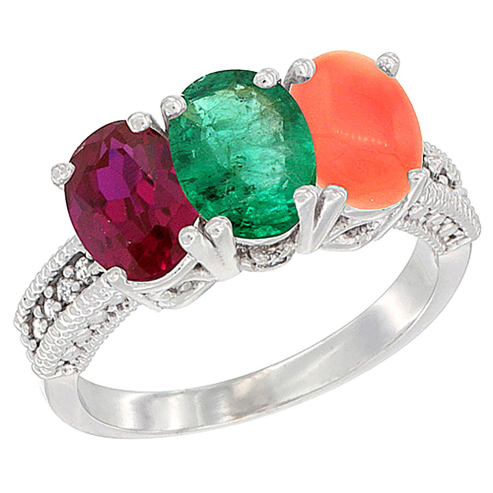 10K White Gold Enhanced Ruby, Natural Emerald &amp; Coral Ring 3-Stone Oval 7x5 mm Diamond Accent, sizes 5 - 10