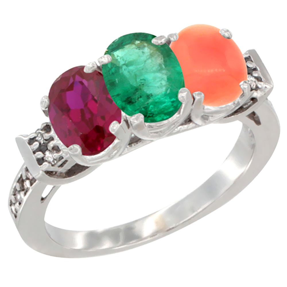 10K White Gold Enhanced Ruby, Natural Emerald & Coral Ring 3-Stone Oval 7x5 mm Diamond Accent, sizes 5 - 10
