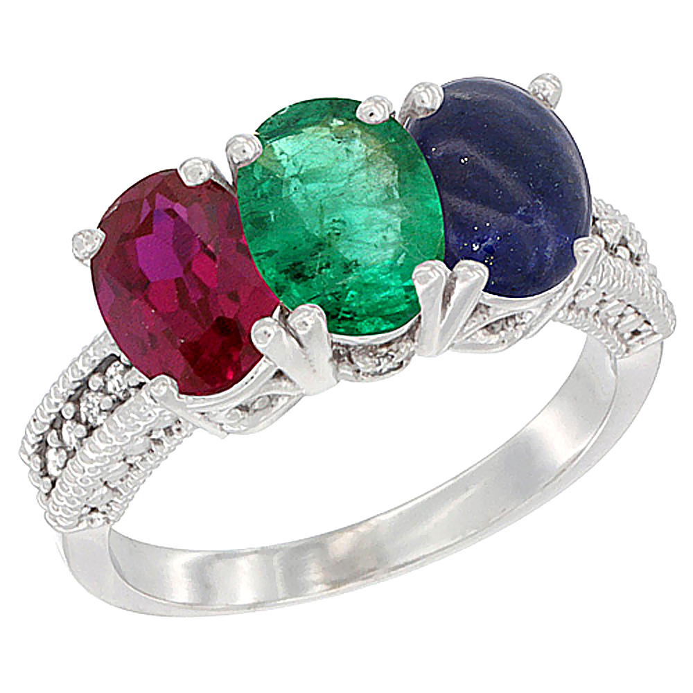 14K White Gold Enhanced Enhanced Ruby, Natural Emerald &amp; Lapis Ring 3-Stone Oval 7x5 mm Diamond Accent, sizes 5 - 10