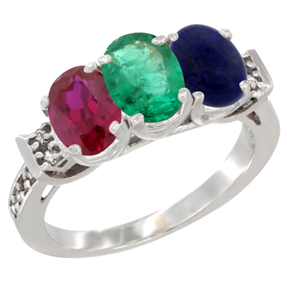 14K White Gold Enhanced Ruby, Natural Emerald &amp; Lapis Ring 3-Stone Oval 7x5 mm Diamond Accent, sizes 5 - 10